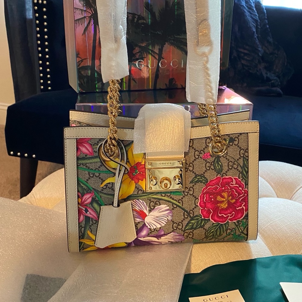 ✨NEW!✨GUCCI✨GG GUCCISSIMA SUPREME FLORA CANVAS & LEATHER PADLOCK CHAIN BAG - Picture 4 of 16
